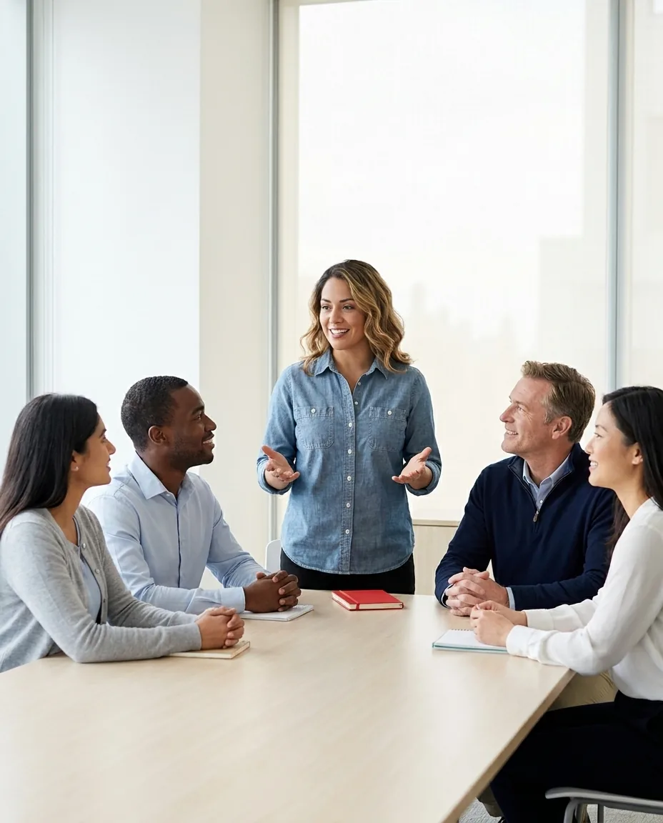 A newly trained facilitator leading a group discussion