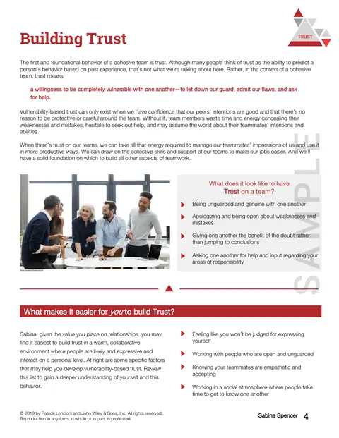 Inside page from the The Five Behaviors Personal Development sample report