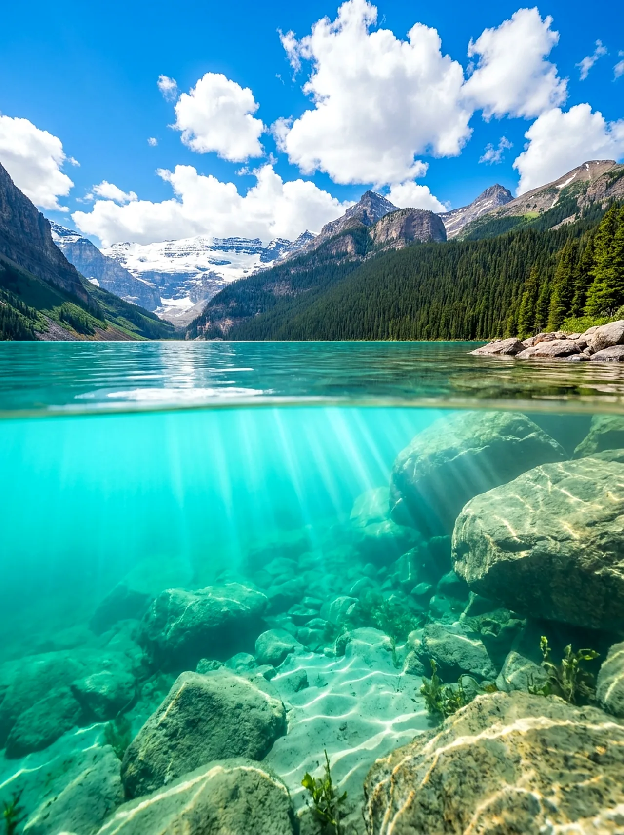 Eye level at the surface of a clear turquoise mountain lake, showing both above and below the waterline